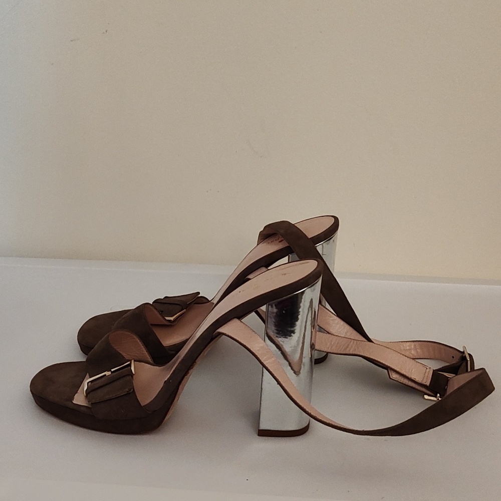 Kate Spade Brown Suede Modern Buckle Stacked Silver Heel Sandals size 10